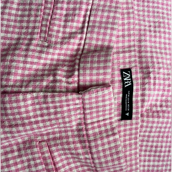 Zara Pink White Gingham Checkered High waist Flare Pant Trouser in Medium - Picture 7 of 7